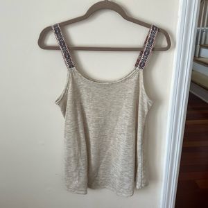 Women’s Flowy Cream Tank Top with Multicolor Patterned Straps